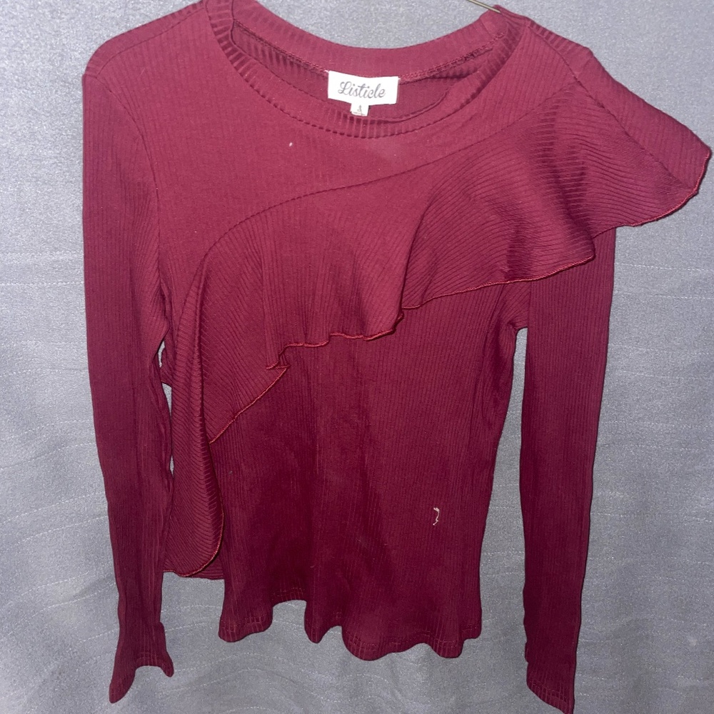 Size Small, Maroon Long Sleeve, Fitted, Ruffled Shirt